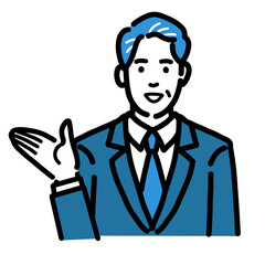 笑顔で説明をしているスーツを着た中年男性
