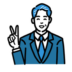 笑顔でピースサインをしているスーツを着た中年男性
