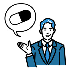 薬の説明をしているスーツを着た中年男性
