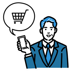 スマートフォンを持ってショッピングの説明をしているスーツを着た中年男性
