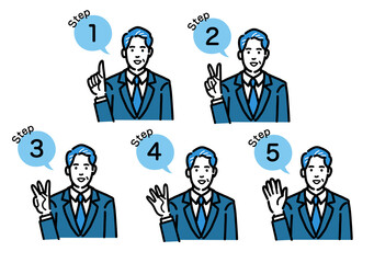 工程を説明するスーツを着た中年男性のセット
