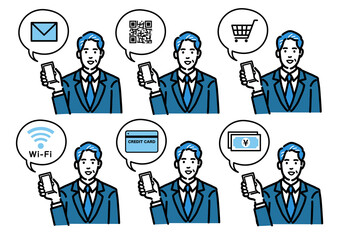 スマートフォンを持って説明をしているスーツを着た中年男性のセット
