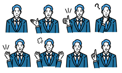 スーツを着た中年男性の仕草、ジェスチャーのセット
