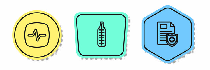 Set line Heart rate, Medical thermometer and Patient record. Colored shapes. Vector