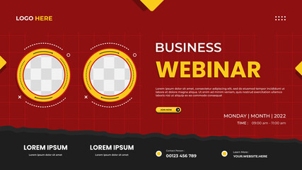 Business webinar website banner template with two circle frames, red background and torn paper shape