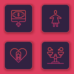 Set line Money growth woman, Heart with female, Female and Gender equality. Blue square button. Vector