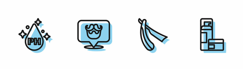Set line Straight razor, Oil for hair care treatment, Barbershop and Shaving gel foam icon. Vector