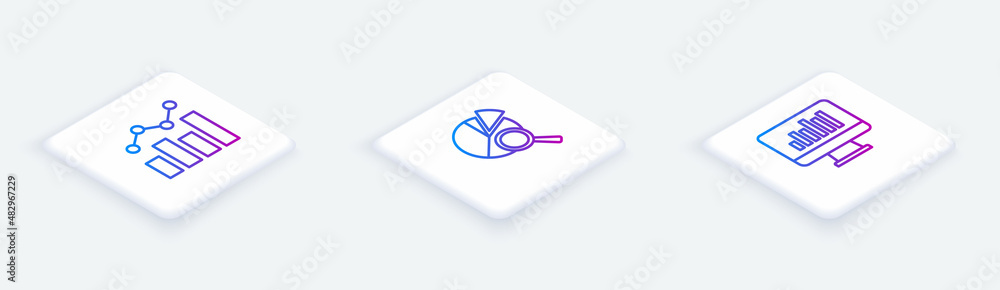 Poster set isometric line financial growth, search data analysis and monitor with graph chart. white square