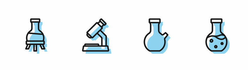 Set line Test tube, Microscope and icon. Vector