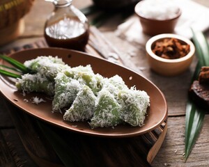 Lupis, Indonesian Traditional Snack Made From Sticky Rice, Wrapped with Banana Leaf, Shape Triangle  Served with Liquid Palm Sugar and Grated  Coconut