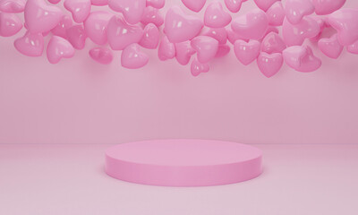3d render. Heart and pink podium on pastel background. Abstract minimal geometric shapes backdrop for valentine day design composition. Product display with valentine’s day concept.