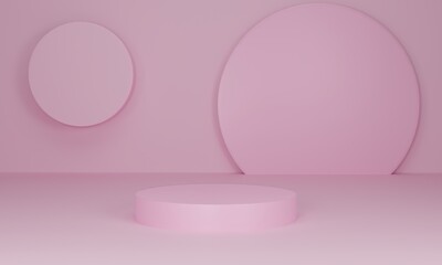 3D rendering. Pink cylinder podium on pastel color background. Abstract minimal scene with geometrical. Platform for product display. Scene to show cosmetic products presentation.