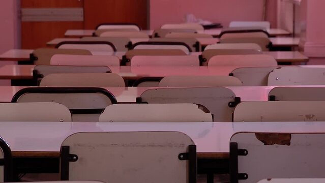 Empty Tables at a Public School Canteen in Buenos Aires, Argentina. Close Up.  