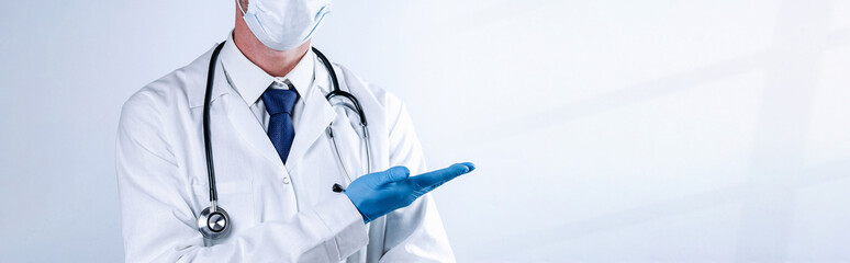 Doctor gesture hands medical background. Happy nurse in blue gloves, hospital uniform, stethoscope...