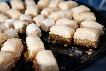 A closeup view of a platter of baklava.