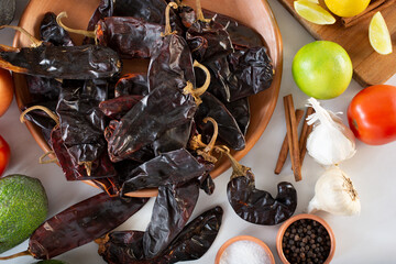 A top down view of a plate of dried New Mexico chiles.