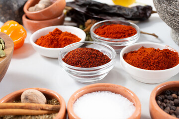 A view of a variety of ground red chiles, among other salsa ingredients.