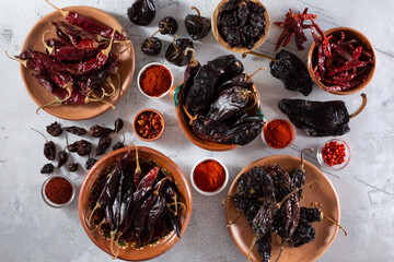 A top down view of a variety of dried chile peppers.