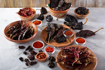 A view of a variety of dried chile peppers.