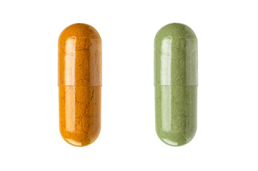 capsule herb , Turmeric capsule and Andrographis Paniculata  capsule on white background.