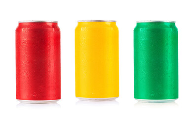 Aluminum can red , yellow and green isolated on white background.