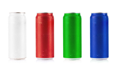 Aluminum thin can in white, red, green, and blue collection isolated on white background. white...