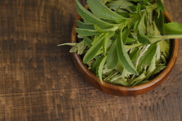  Stevia rebaudiana.Stevia green twig into in dry stevia leaves on a wooden brown background.Stevioside Sweetener.View from above.Stevia plants.Organic natural sweetener.  - obrazy, fototapety, plakaty