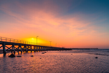 Moonta Bay pier viewed against sunset, Yorke Peninsula,  South Australia