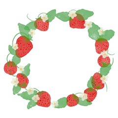 水彩画。水彩タッチで描いたいちごのイラストリースフレーム。いちごと草木の装飾輪フレーム。水彩画の苺。Watercolor. Strawberry illustration wreath frame drawn with a watercolor touch. Decorative ring frame of strawberries and plants. Watercolor strawberr
