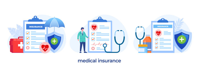 Medical insurance, health insurance, protection concept, umbrella, healthcare, landing page flat illustration vector template banner