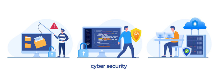 cyber security, Data protection metaphors set. Database, cyber security, control, protection of computer services and electronic information. Vector isolated concept metaphor illustrations banner