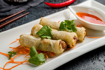 fried Spring Roll with pork , Chinese Food macro close up
