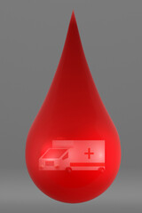 Obraz premium An ambulance in a red transparent blood droplet (3D Rendering)