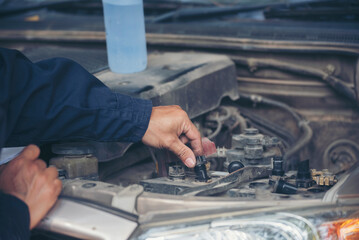 Mechanic car service auto garage in automotive mobile center. Technician workshop repair engine motor vehicles service mechanical engineering business. Automobile mechanic hands car repairs technic