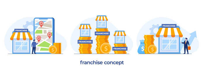 Franchise banner. Franchising business branch expansion. Small enterprise, company, shop, retail store or service network, flat illustration vector template banner - obrazy, fototapety, plakaty