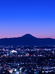 東京の街並みと富士山の夕暮れ