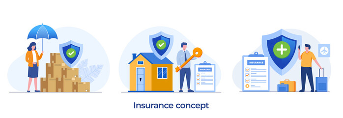 package insurance, real estate insurance, travel insurance protection concept, umbrella, healthcare, landing page flat illustration vector template banner