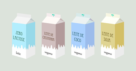 Ilustracao colecao de leites zero lactose em portugues, leite sem lactose, leite de castanha, leite de coco, leite de soja, intolerancia a lactose, vegano, vetor, leite de caixa, 3d, caixa leite