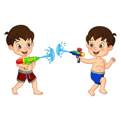 Cartoon kids playing a water gun