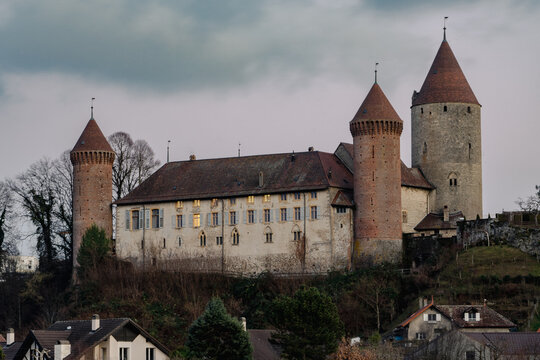 A scenic view of Chenaux Castle in Estavayer-le-Lac of the Canton of Fribourg in Switzerland