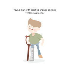 Young man with elastic bandage on knee, vector illustration.