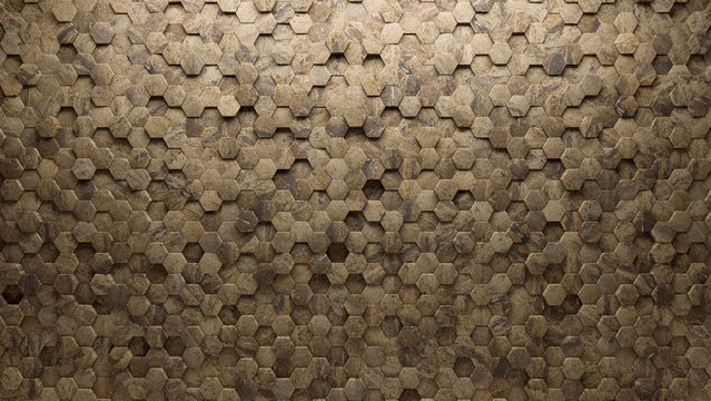 3D, Natural Stone Wall background with tiles. Hexagonal, tile Wallpaper with Textured, Polished blocks. 3D Render