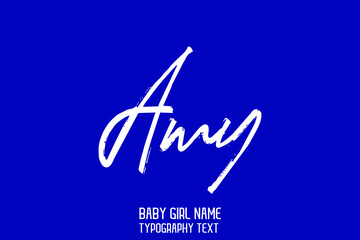 Amy Baby Girl Name Handwritten Lettering Modern Typography on Blue Background