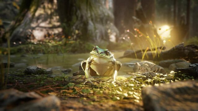 Animation of a Frog pulls out his tongue catching bee, eating it, burp and Croaking in the Forest by a river.