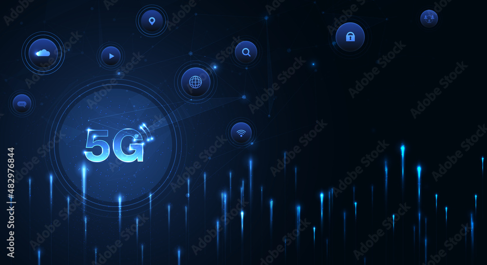 Poster hand pointing 5g network wireless systems and internet of things with man touching with wireless hig