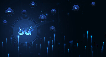 Hand pointing 5G network wireless systems and internet of things with man touching with wireless high-speed Internet communication network background