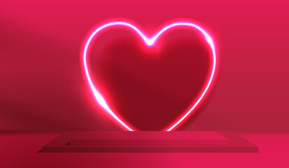 Happy valentines day and stage podium decorated with heart shape lighting. pedestal scene with for product, cosmetic, advertising, show, award ceremony, on pink background. vector design