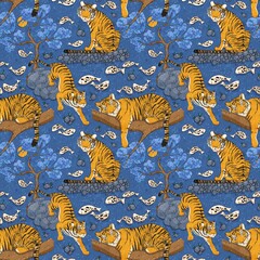 Japanese tigers seamless pattern. Pattern of tigers on a deep blue background. 
