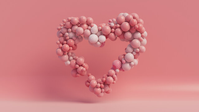 Multicolored Balloon Love Heart. Pink, Polka Dot and Striped Balloons arranged in a heart shape. 3D Render 