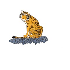 Tiger sits on the stone bank of the river. Illustration isolated on a white background.